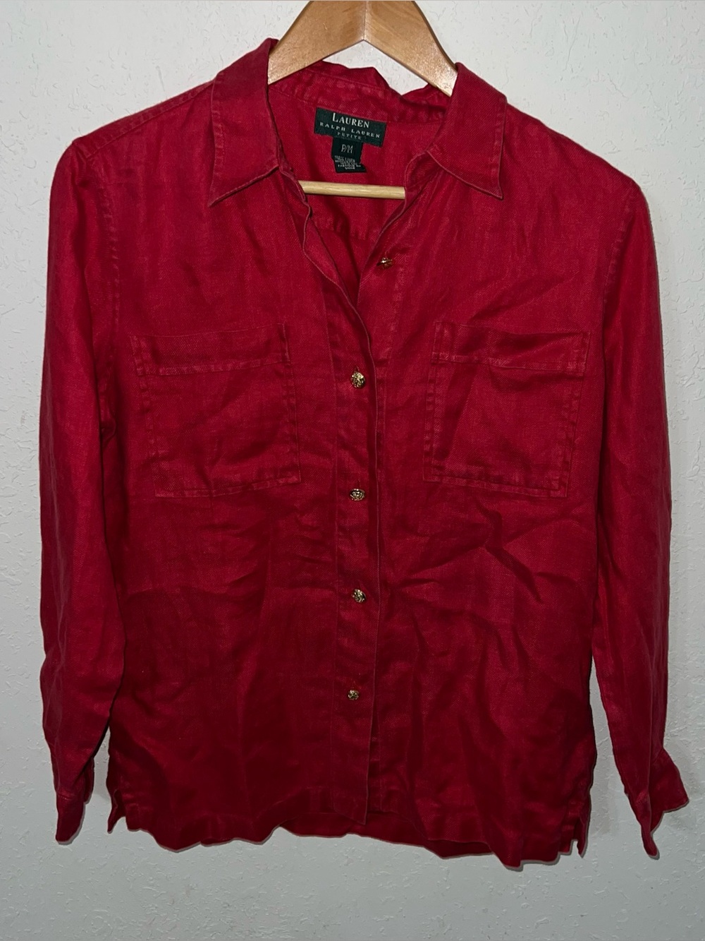 Lauren Ralph Lauren Red 100% Linen Gold Button Down Shirt Size Medium Petite.